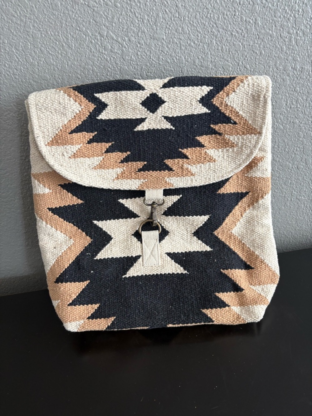 Panache Southwest-Style Canvas Backpack — Black, Cream & Tan